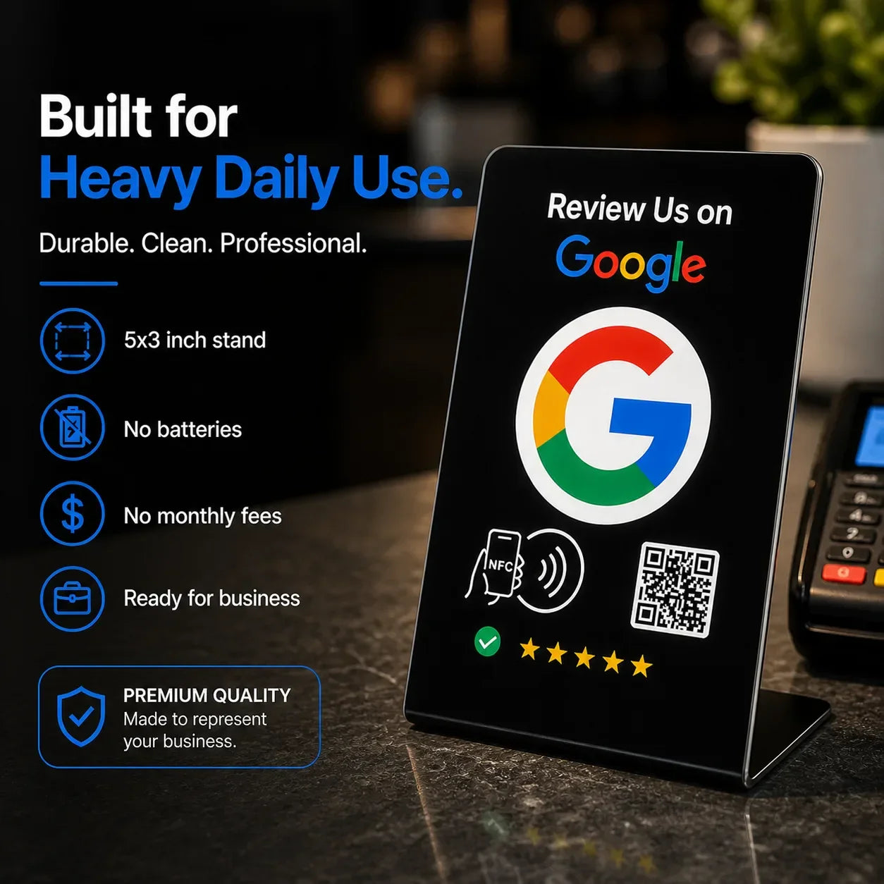 Black 5x3 inch NFC stand with Google review prompt, QR code, and tap icon for contactless customer feedback in retail