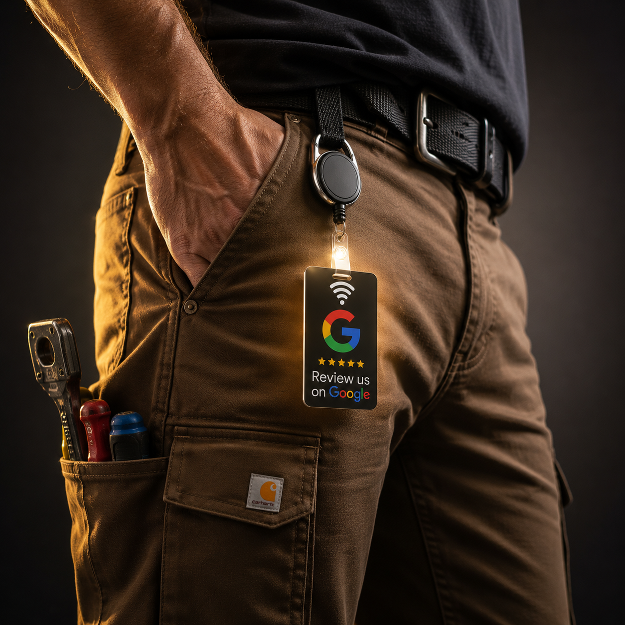 Employee wearing TAPro NFC Google Review Badge Reel clipped to a work uniform for instant customer review requests.