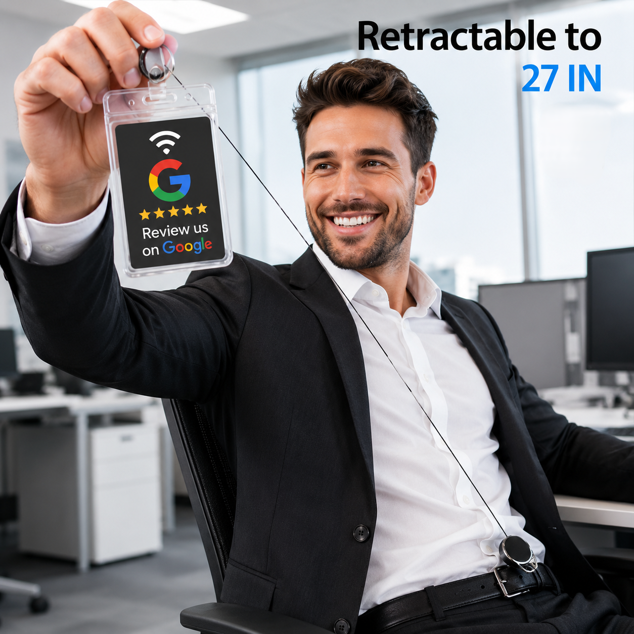 Business professional wearing TAPro Google Review Retractable Badge Reel with NFC Review Card for collecting Google Business Profile reviews.