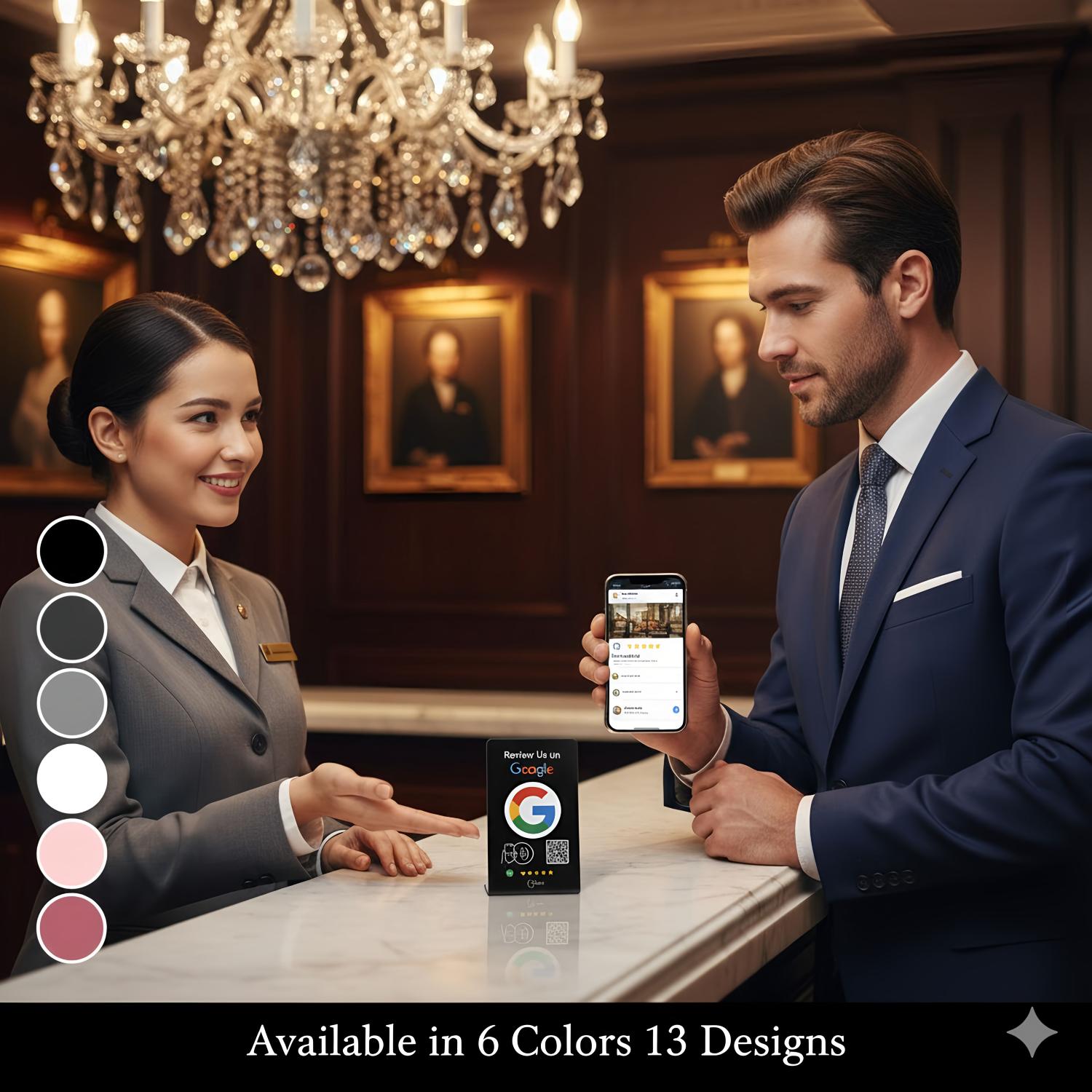 Black and white TAPro Google Review Stands with built-in NFC and QR for fast customer reviews.