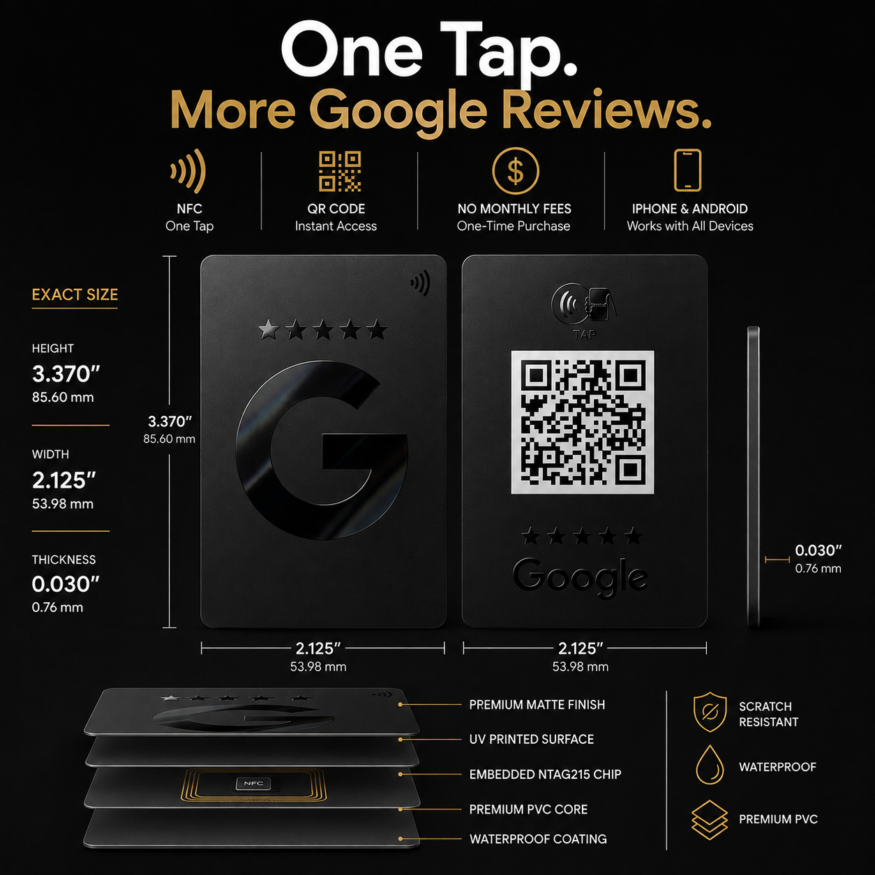 Premium matte black TAPro G-Series Onyx NFC Google Review Card with scratch resistant waterproof PVC construction