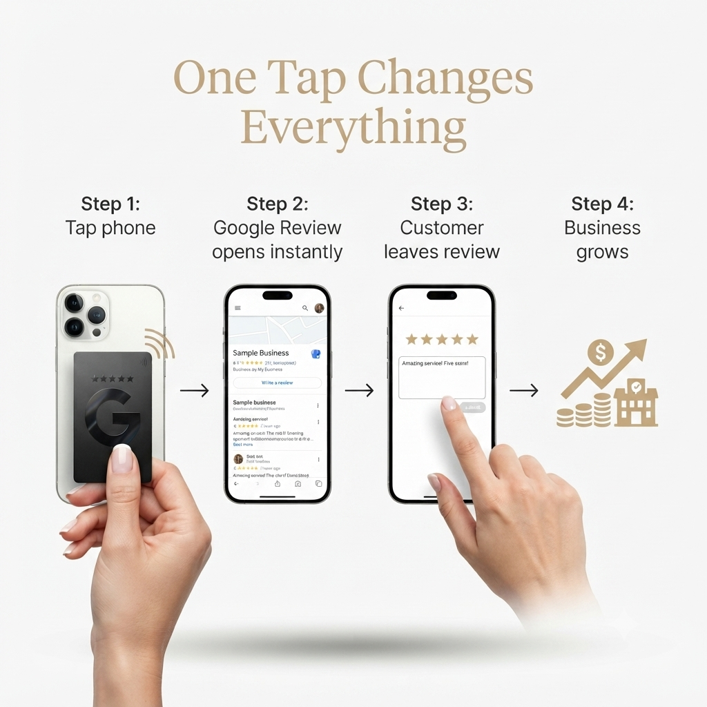 Restaurant customer using TAPro Google Review Card with NFC to leave a Google review on iPhone