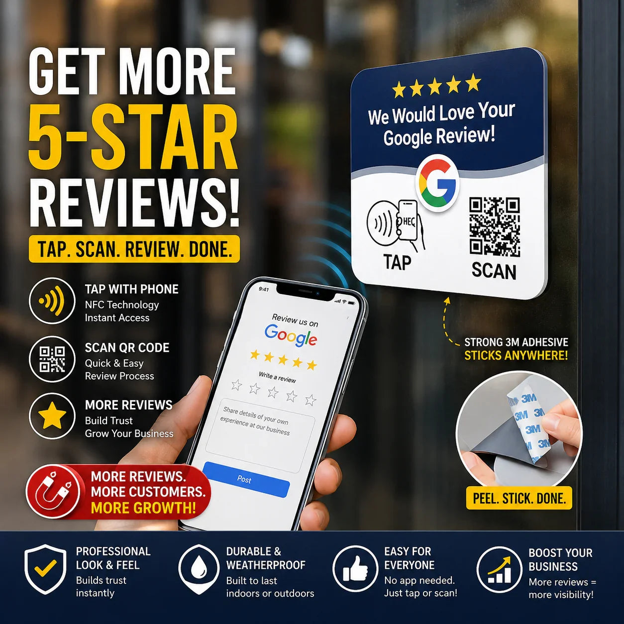 Blue and white NFC review sign on glass door with QR code and tap icon, prompting Google 5-star reviews via smartphone tap or scan for local business growth.