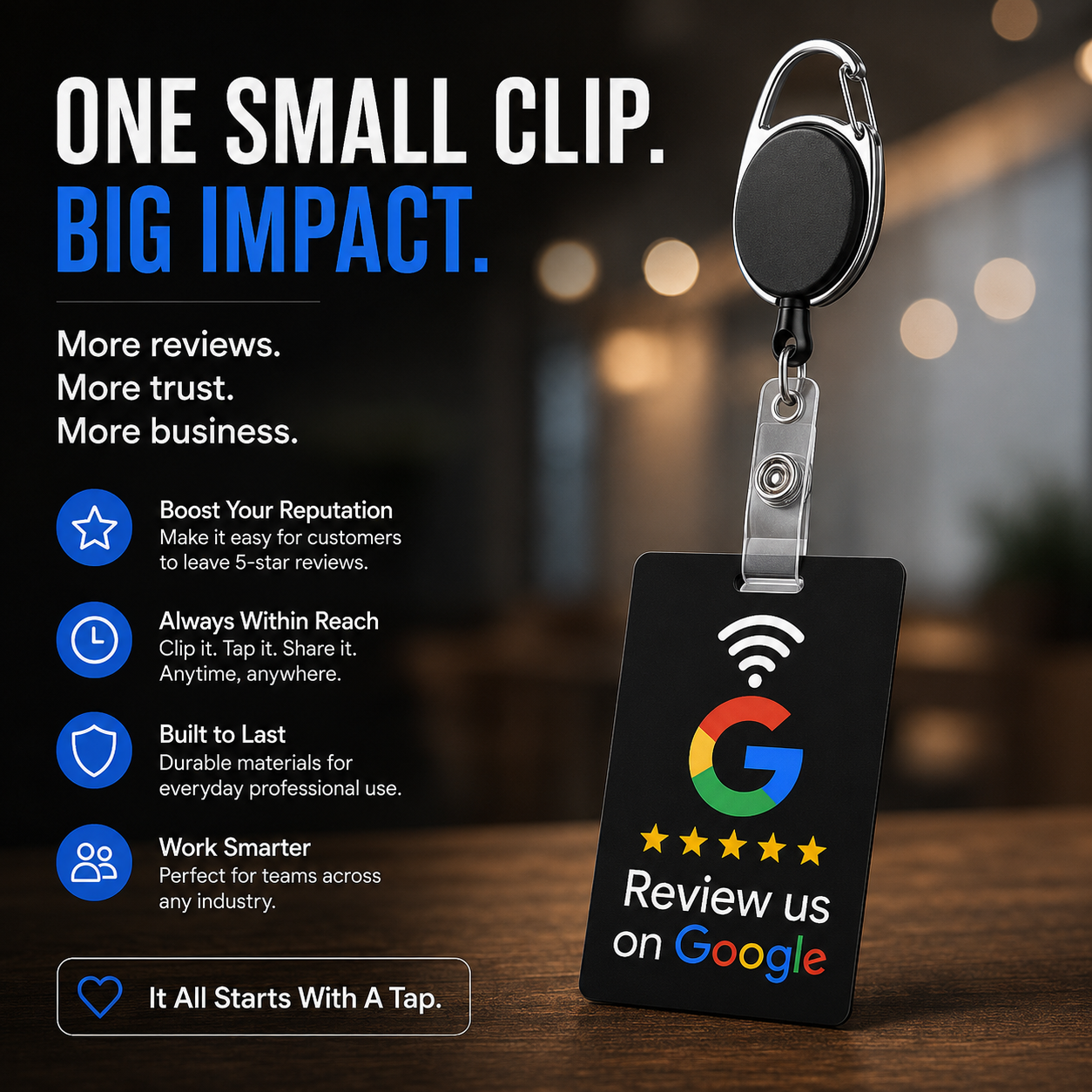 Google Review Badge Reel showing heavy-duty carabiner, retractable cord, NFC review card, QR code backup and hands-free customer review solution