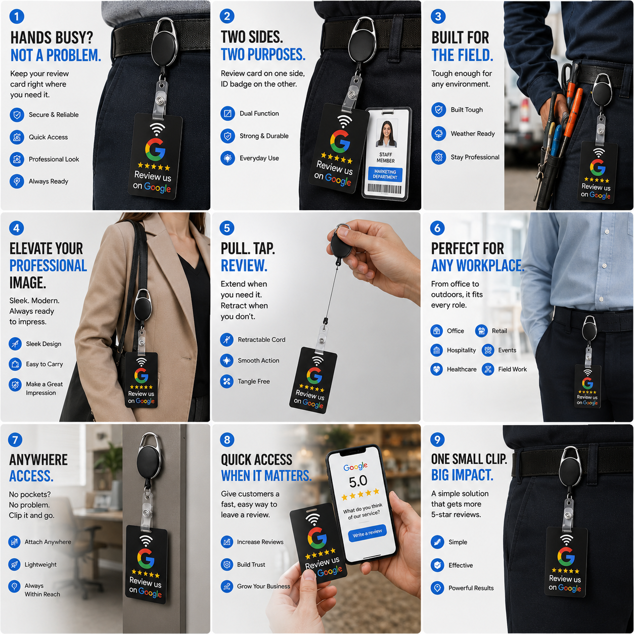 Google Review Retractable Badge Reel for restaurants, contractors, salons, hotels, medical offices, retail stores and service businesses.