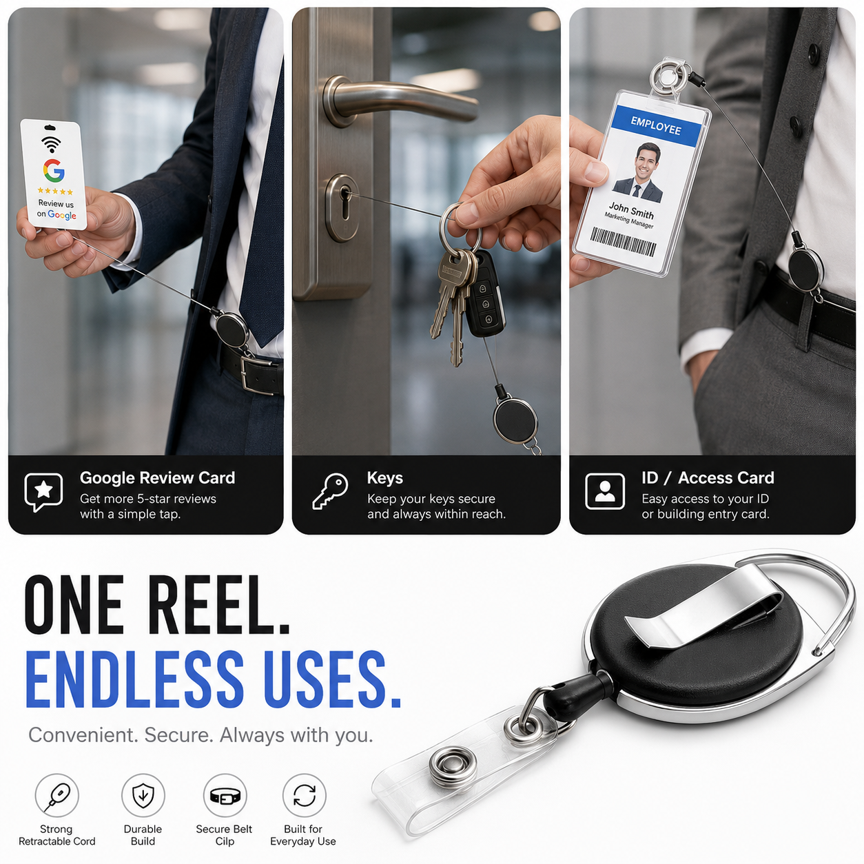 Employee using TAPro Google Review Badge Reel with NFC Review Card to request Google reviews during customer interactions.