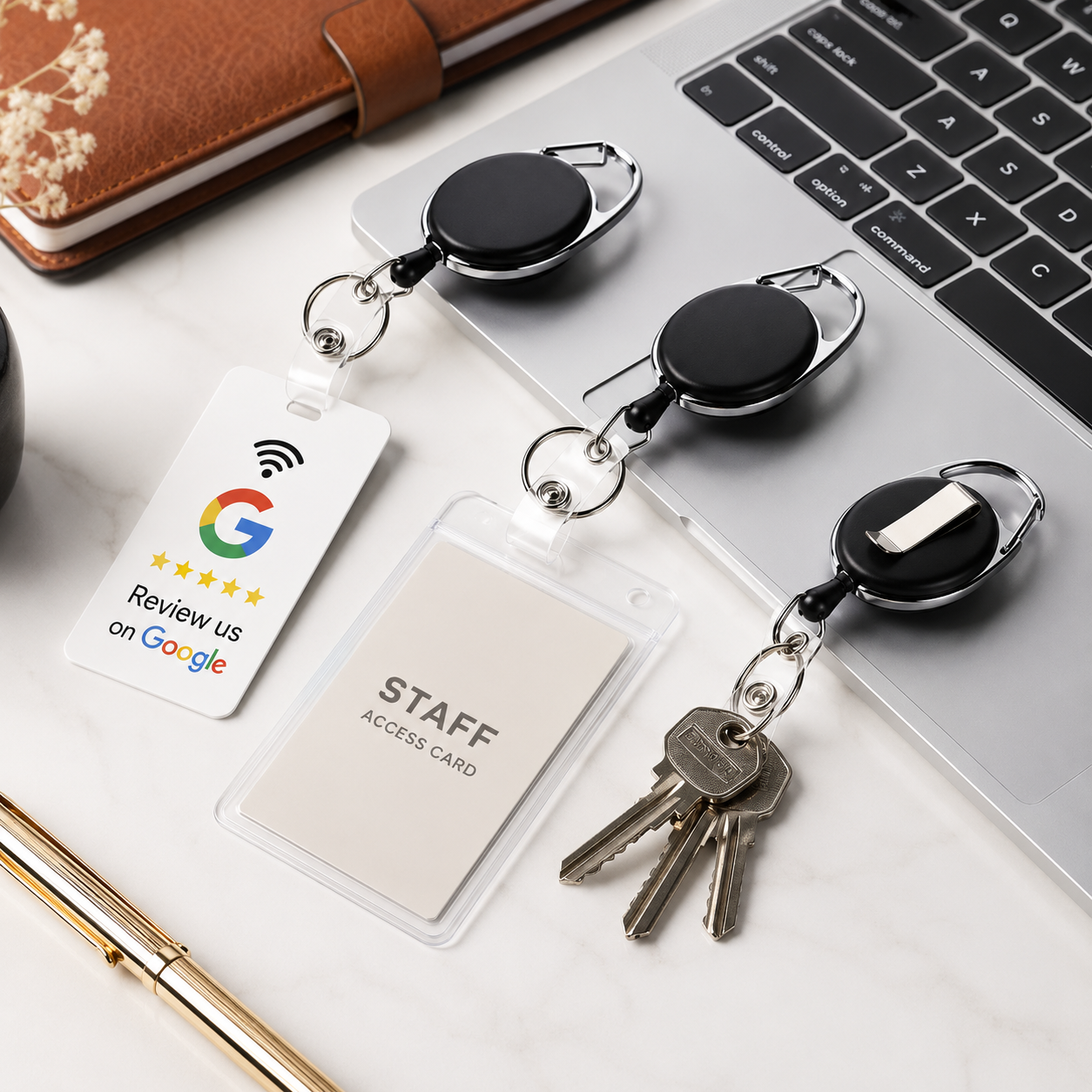TAPro Retractable Badge Reel with Carabiner attached to keys featuring a wearable NFC Google Review Card for businesses.