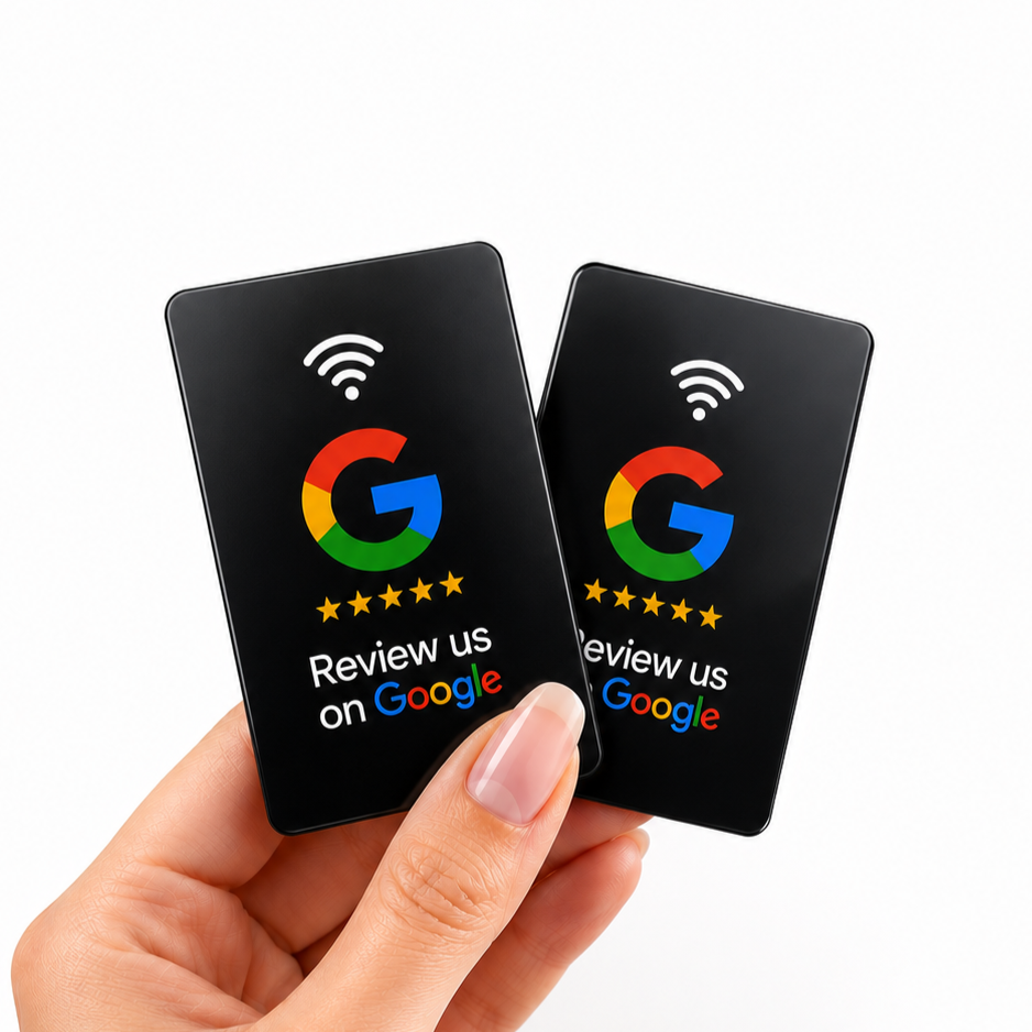 A hand with a light pink manicured nail holds two black rectangular cards featuring the Google review graphic with the text 'Review us on Google'. The background is a clean white studio backdrop.
