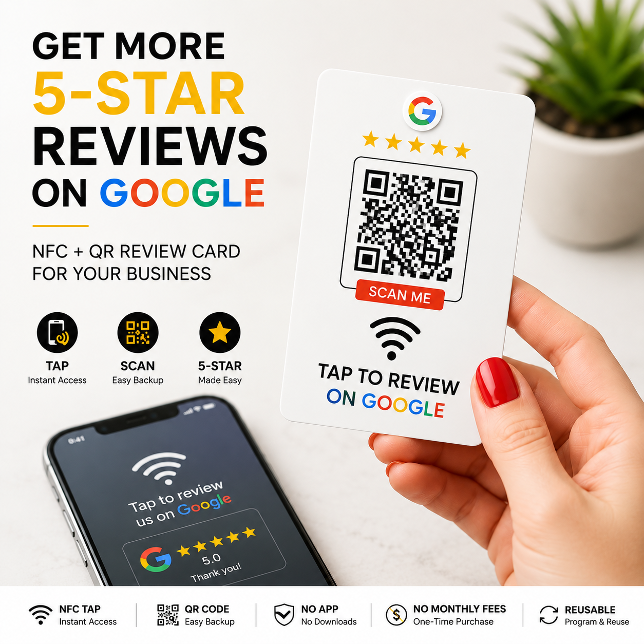 Google Review Tap Card – NFC + QR Code for Business | White