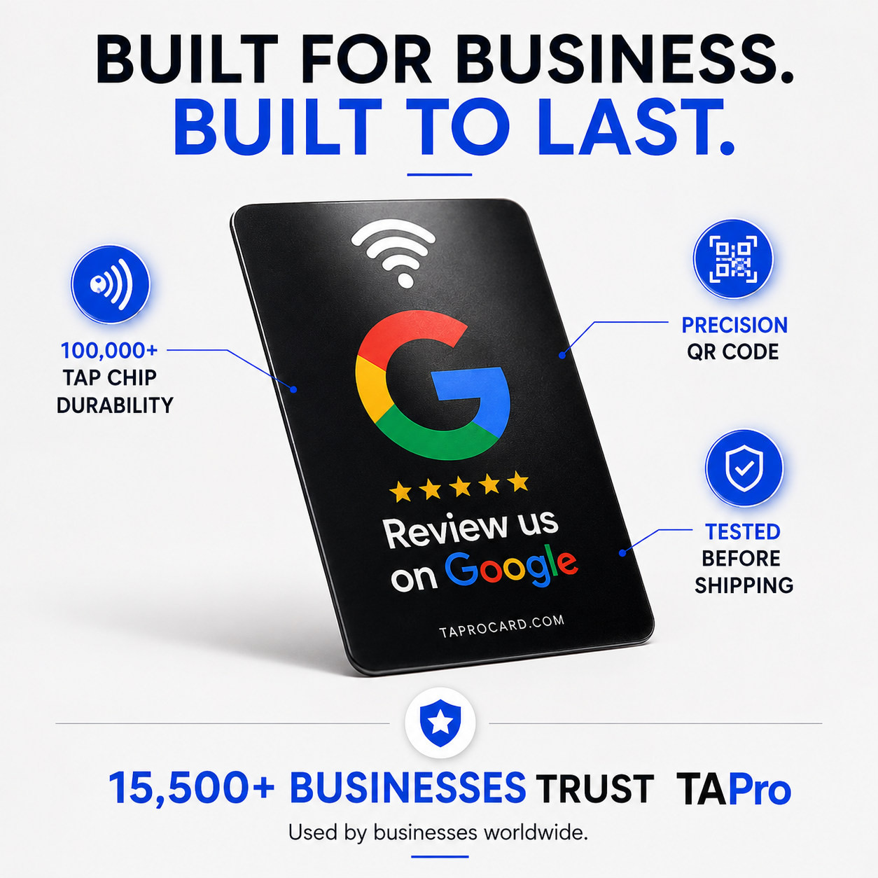 A promotional graphic for a black TAPROCARD business review card shown at an angle on a light gray background. The card displays the Google-style 'G' logo, the text 'Review us on Google,' and 'TAPROCARD.