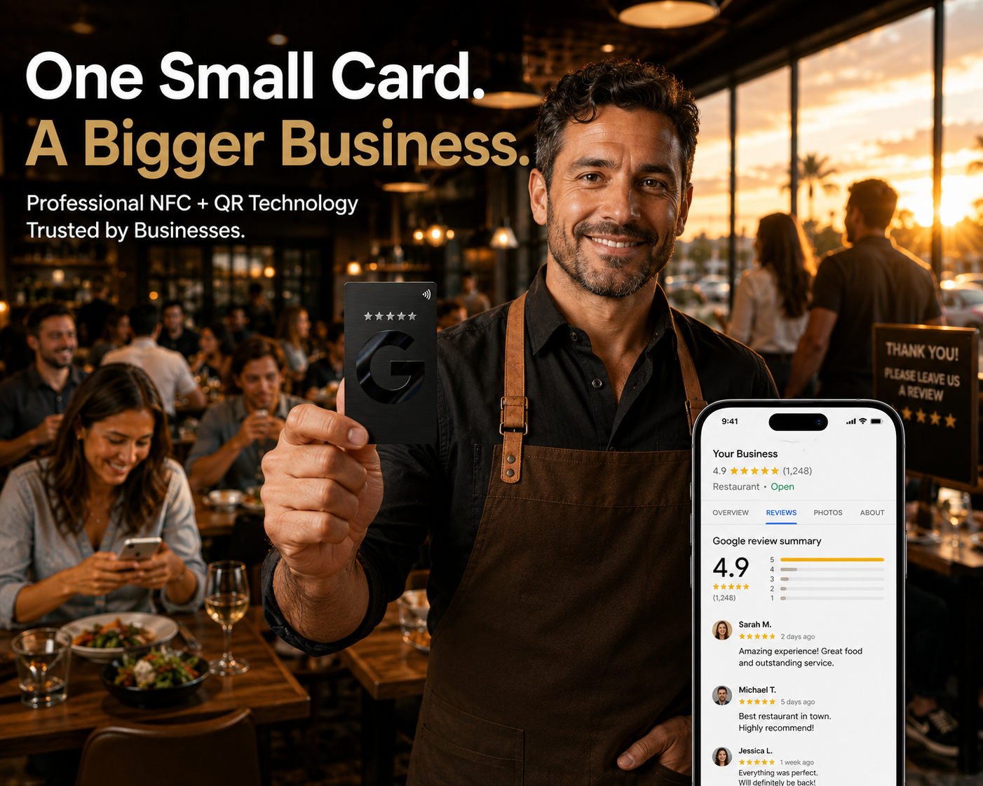 Restaurant owner holding TAPro G-Series Onyx Google Review Card for collecting customer Google reviews using NFC technology