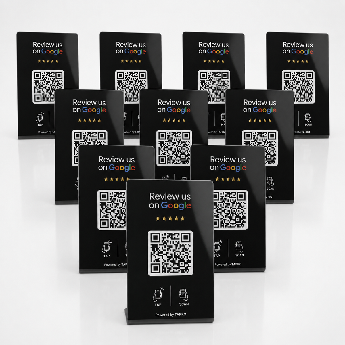 Black TAPro NFC Google review stands with QR codes for business reputation management