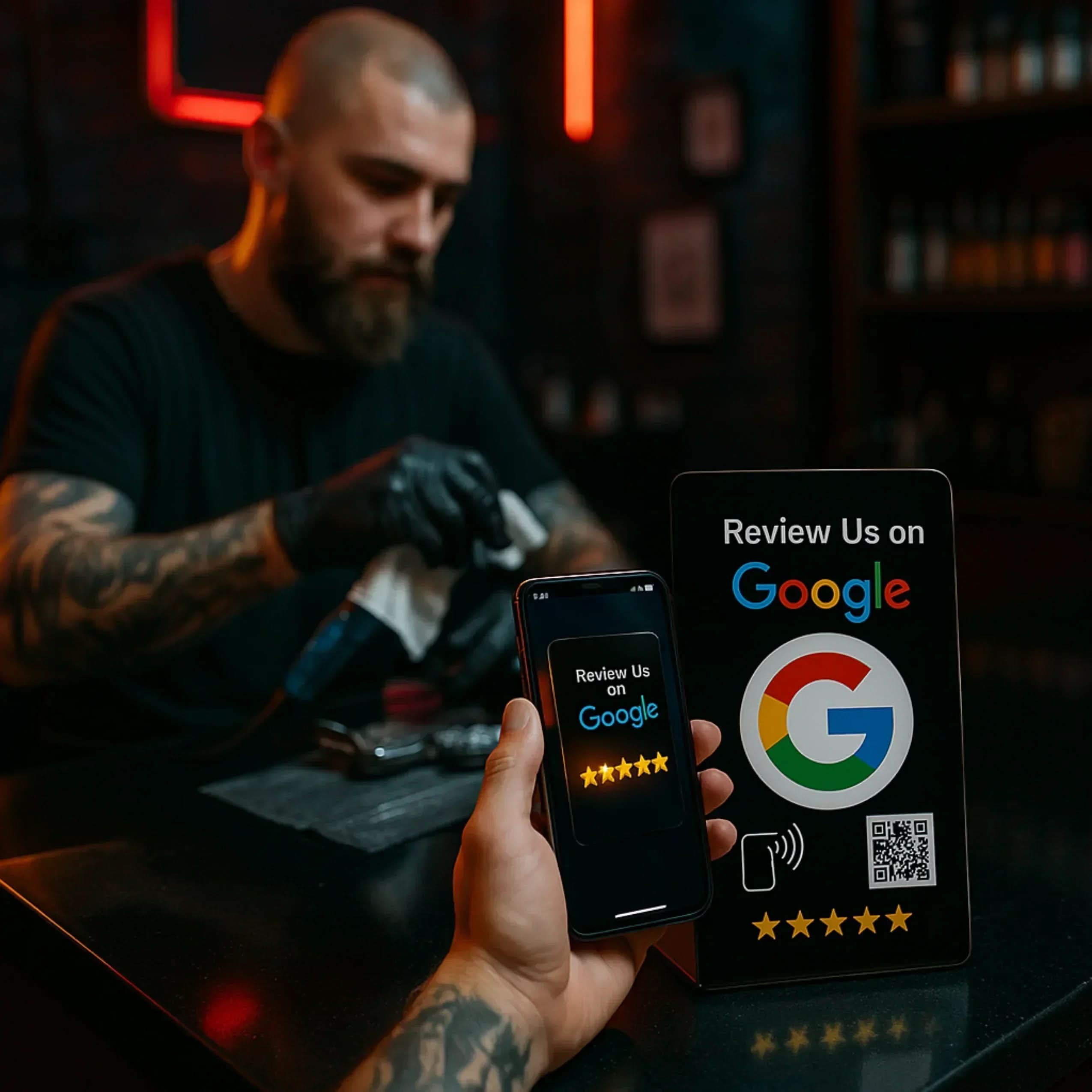 Tattoo artist cleaning equipment with smartphone showing Google review prompt and sign with QR code