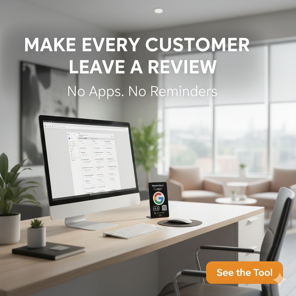 Google Review display stand placed at a business reception desk for customer feedback