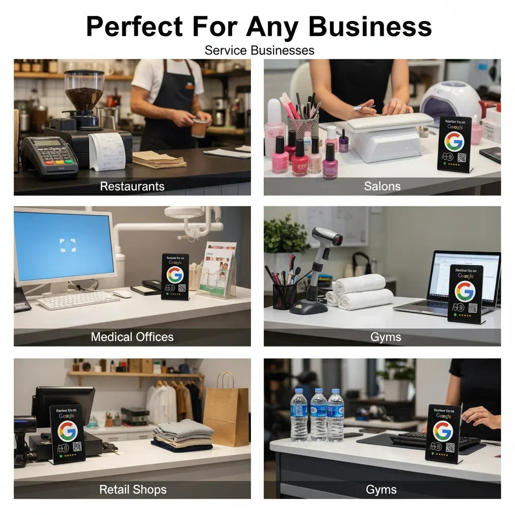 NFC review card with QR code on counters for restaurants, salons, gyms, and retail shops to collect Google reviews.