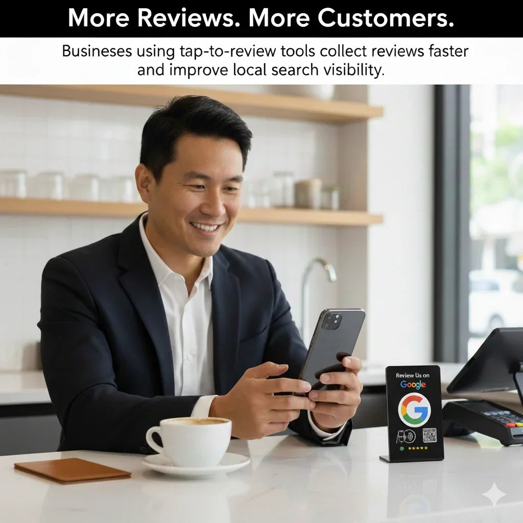 Tap-to-review NFC stand for Google reviews, boosts customer feedback & local search visibility