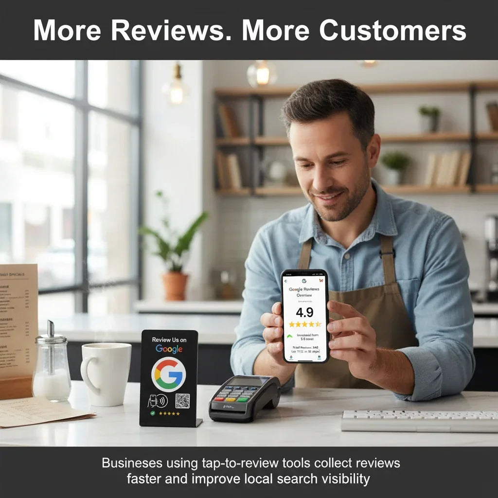 Black NFC review stand with Google logo and QR code on counter, man checking 4.9-star rating on phone for local business feedback growth