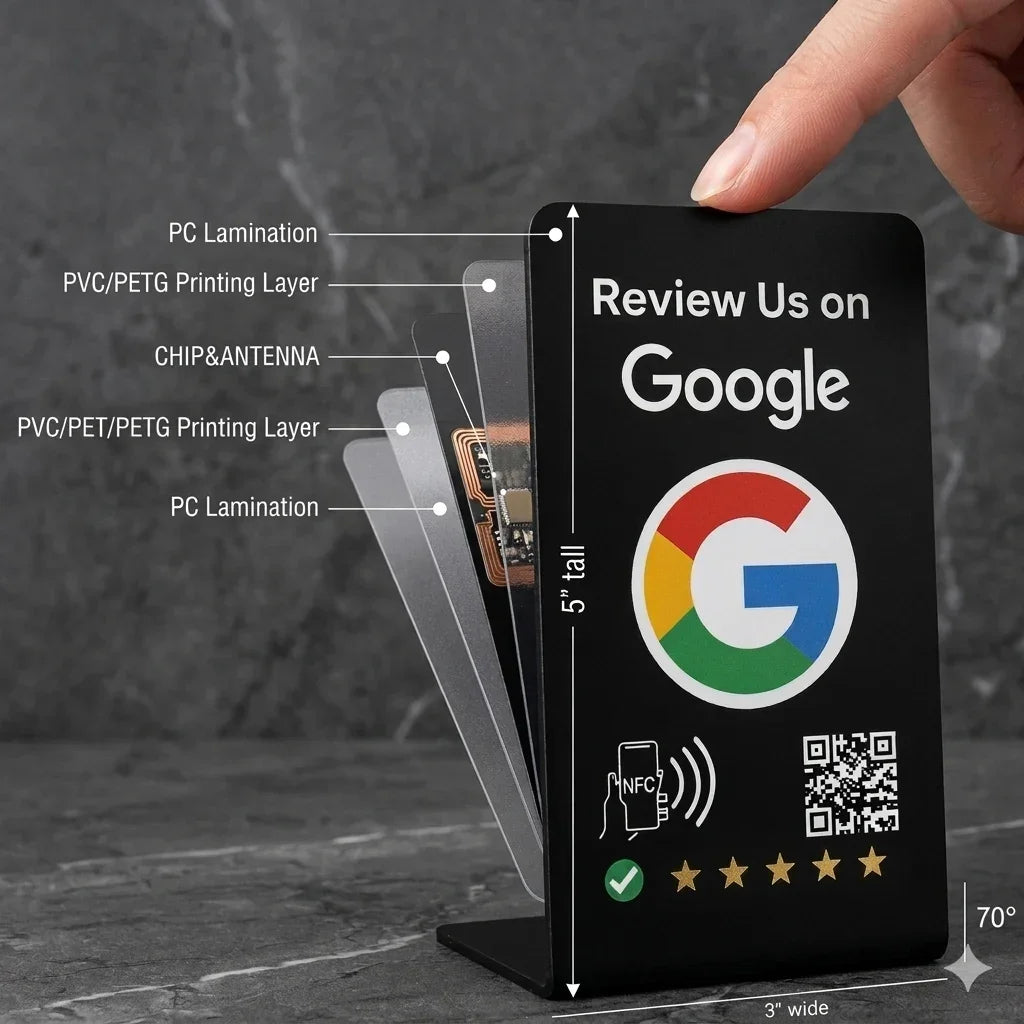 Black NFC Google Review Card with QR Code, 5” tall, for instant customer feedback & reputation management