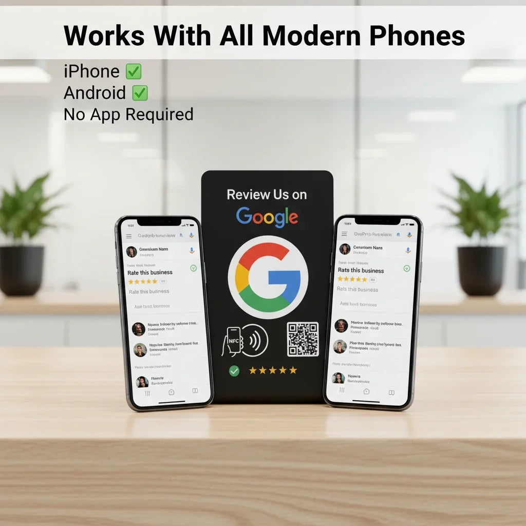 Black NFC review stand with Google logo, QR code, and tap icon on wood desk, flanked by iPhones showing 5-star ratings for contactless customer feedback.