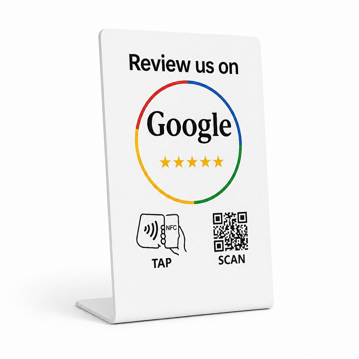 White Google Review stand with NFC and QR code for business countertops