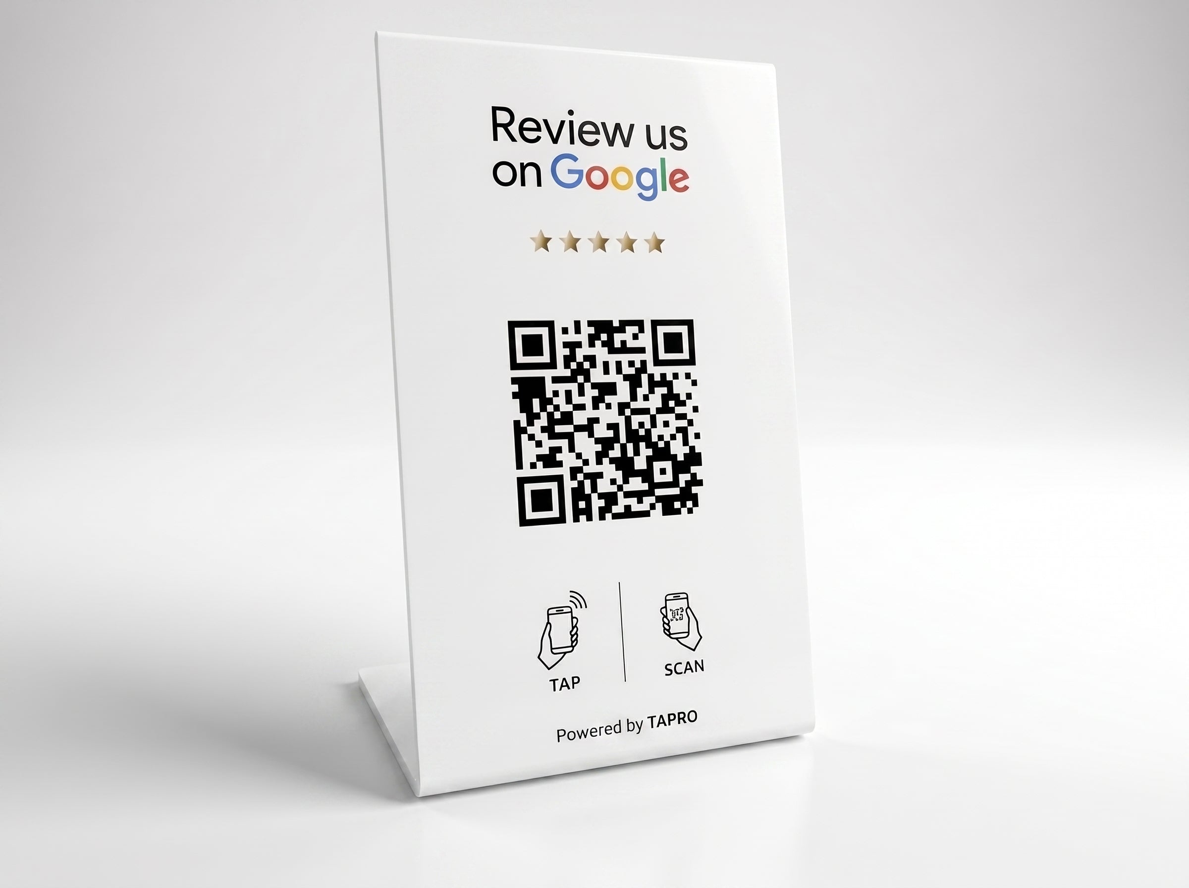 Google Review tabletop sign with NFC tap and QR code for customer feedback