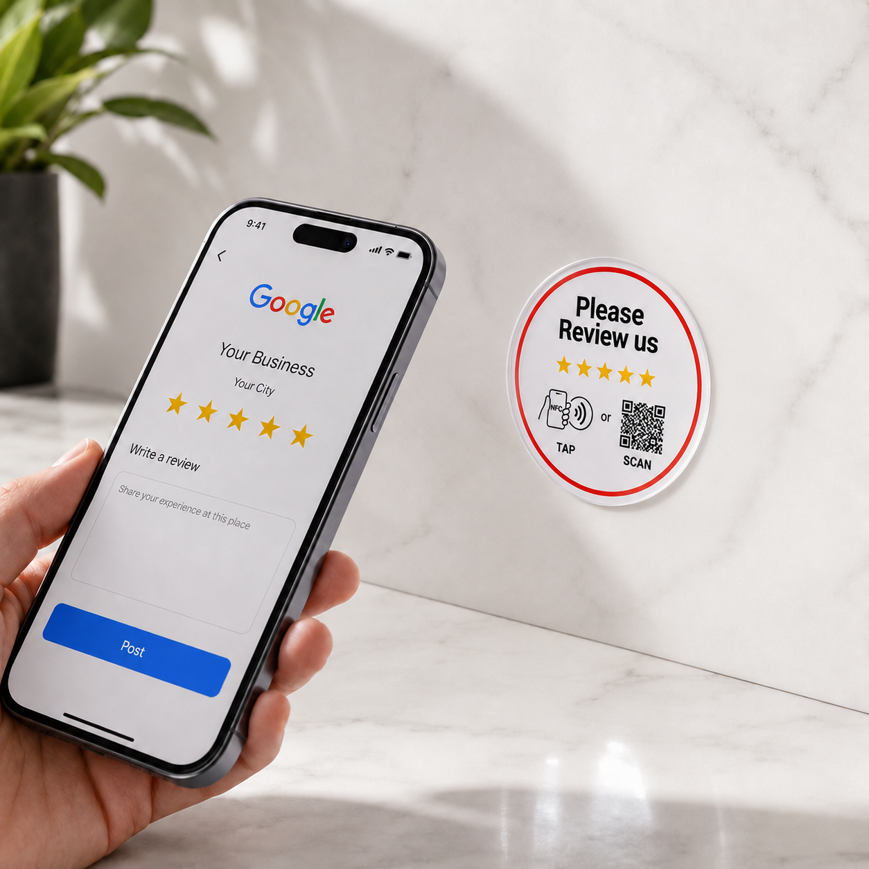 Customer holding TAPro NFC Google review sticker for tap and scan reviews