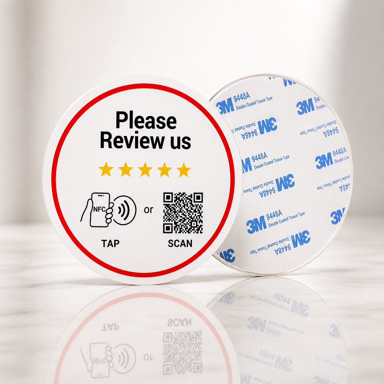 TAPro round Google review NFC sticker with QR code and strong 3M adhesive backing