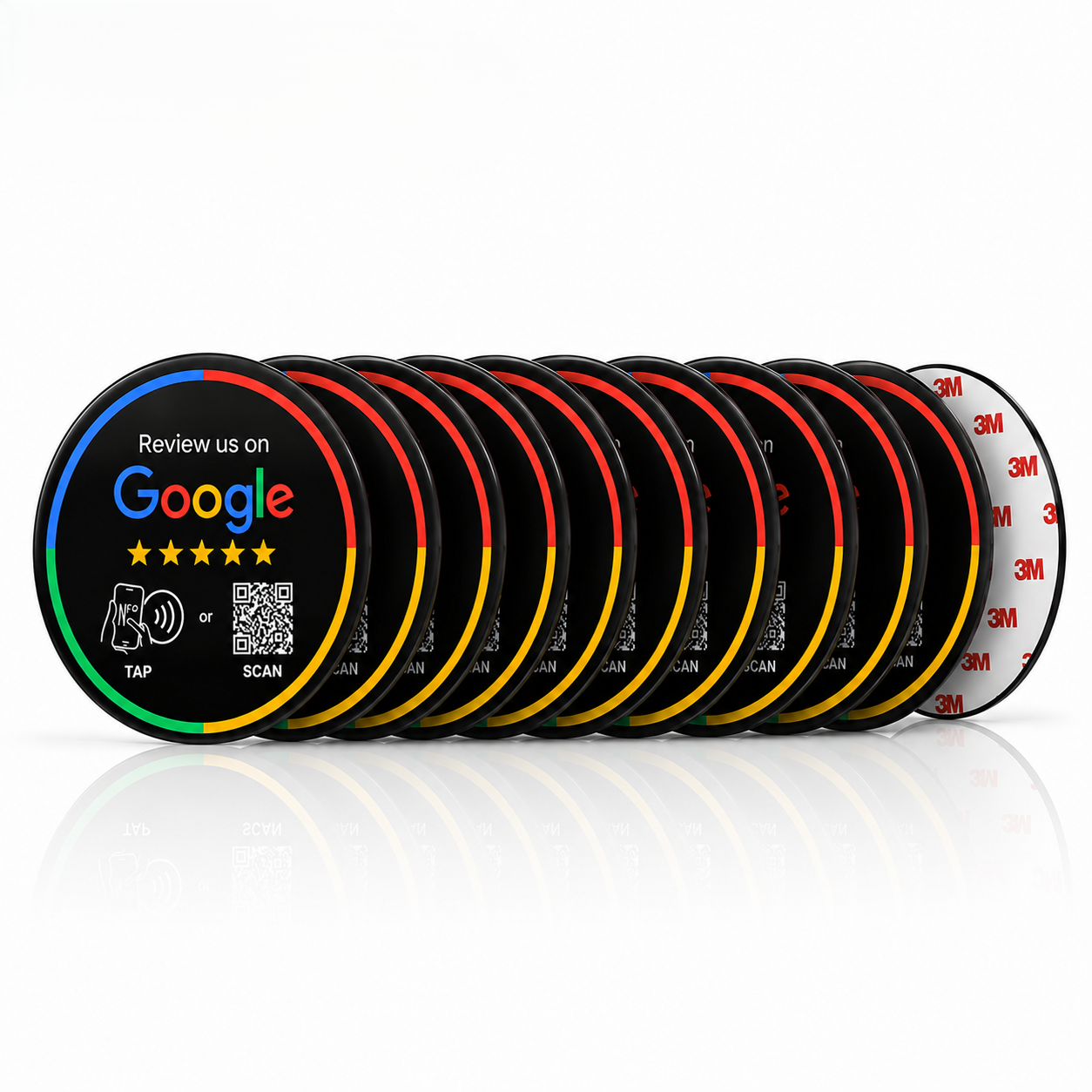 Ten pack of black TAPro Google review NFC stickers with QR code and tap technology