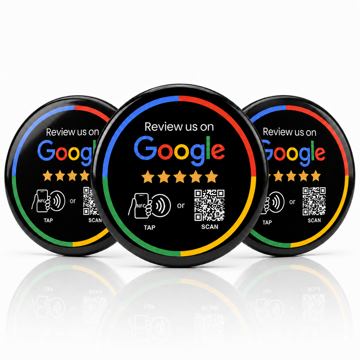 Three pack of black TAPro Google review NFC stickers with QR codes