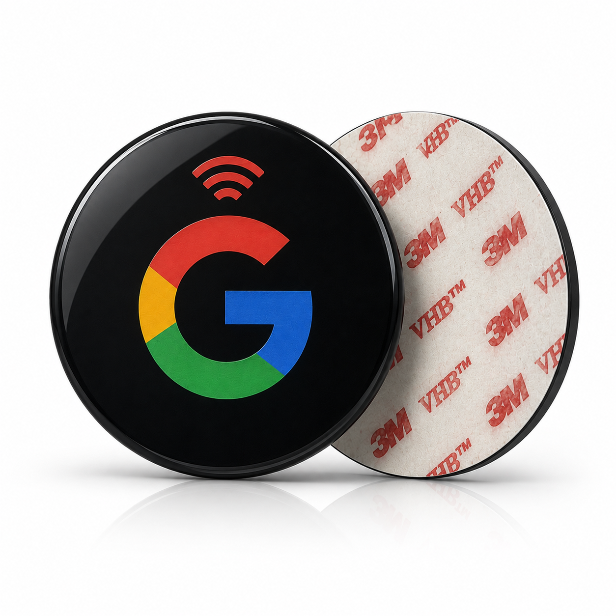 Black circular NFC tag with Google logo and Wi-Fi symbol, 3M adhesive back for contactless review collection and reputation growth