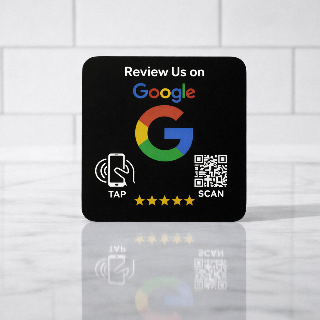 Black NFC review card with Google logo, tap/scan icons, and 5 stars for customer feedback collection via smartphone.