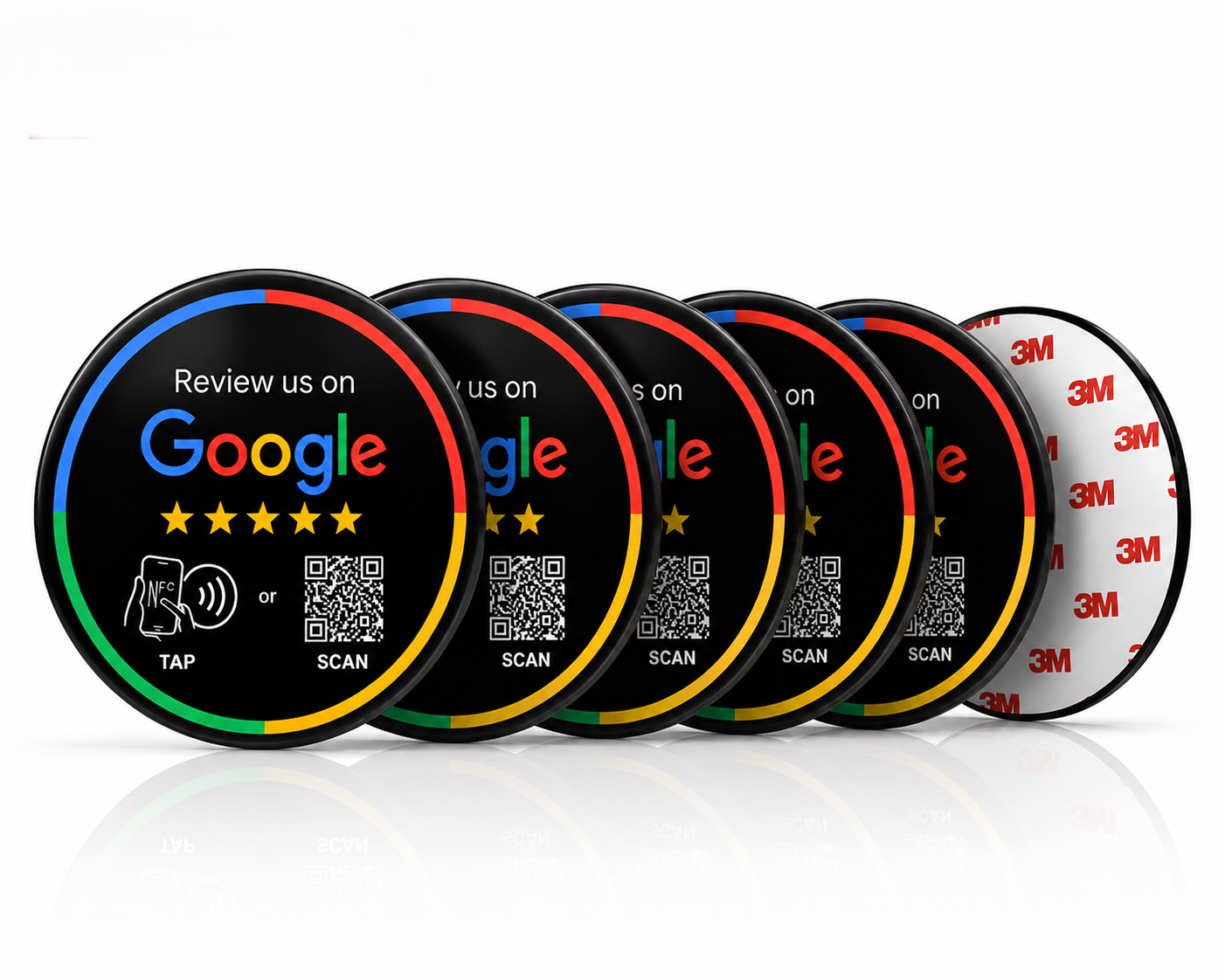 Five pack of black TAPro NFC Google review stickers for business review collection