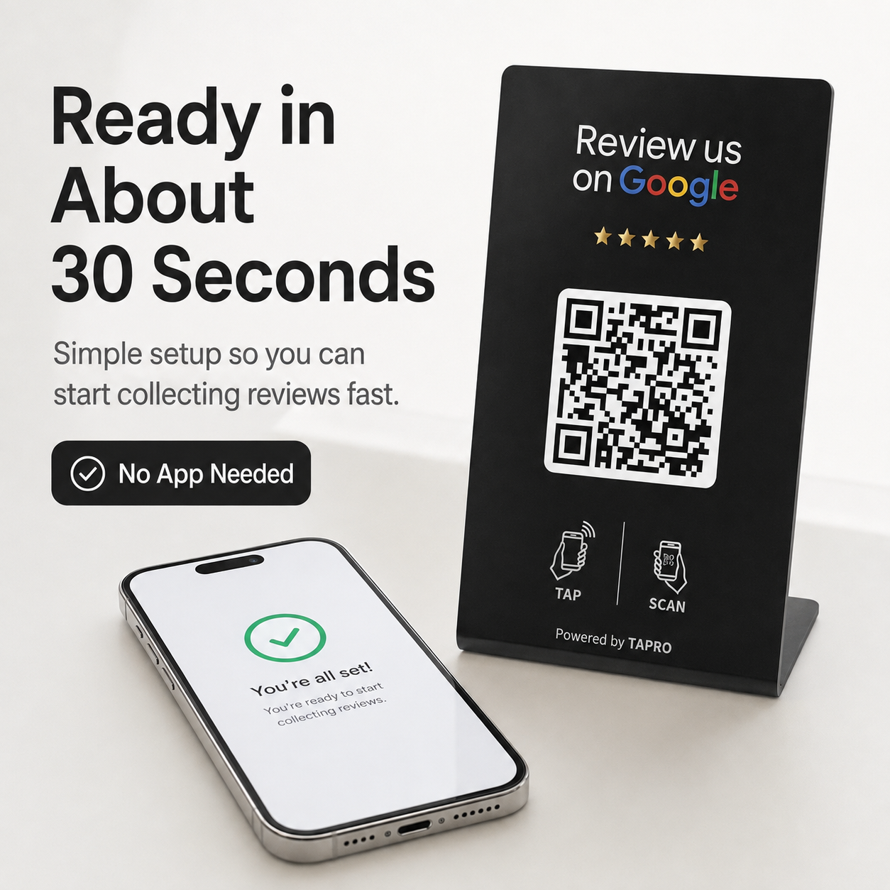 Google review request comparison showing TAPro tap and scan system versus QR only and follow-up requests