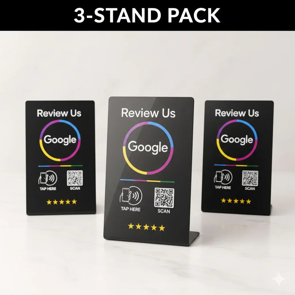 Black NFC review stands with Google logo, tap & scan icons, and 5 stars for customer feedback collection