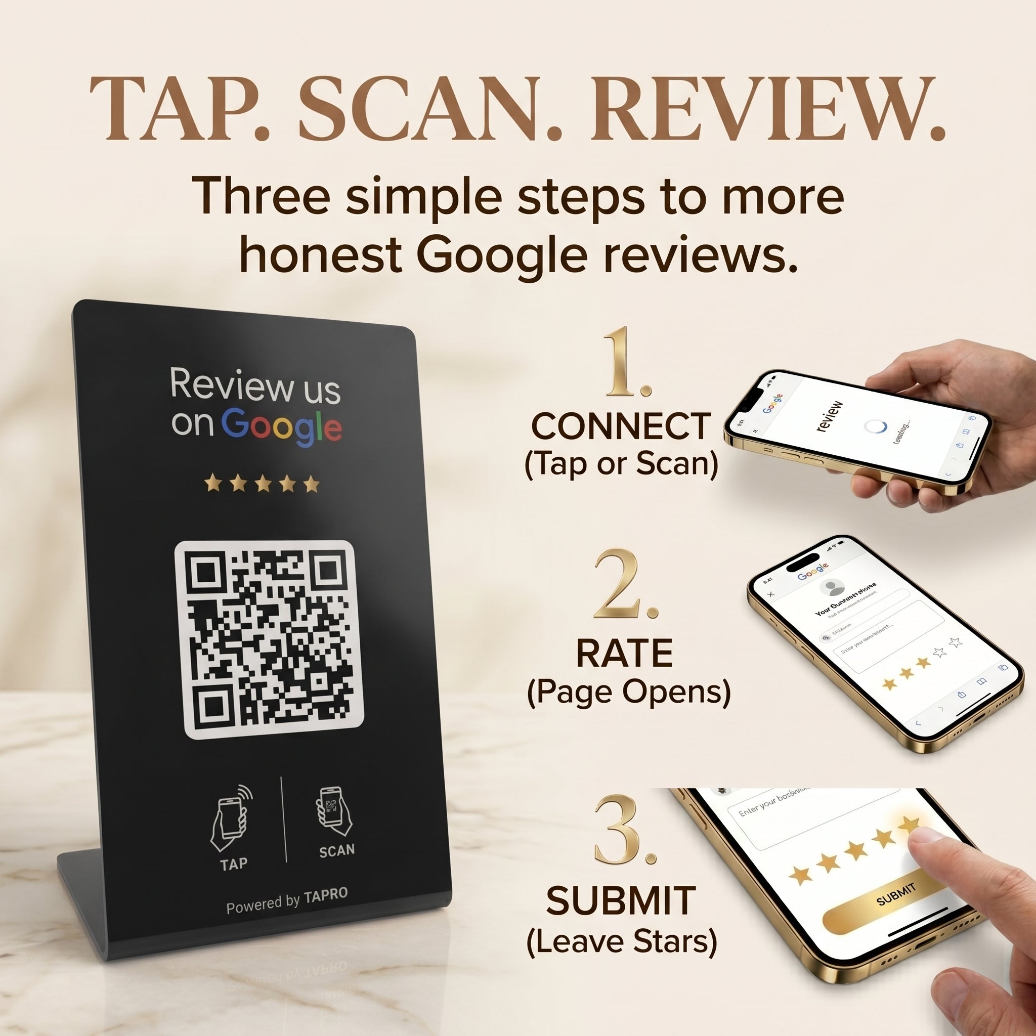Close-up demonstration of an iPhone tapping the NFC area of a TAPro Google review stand