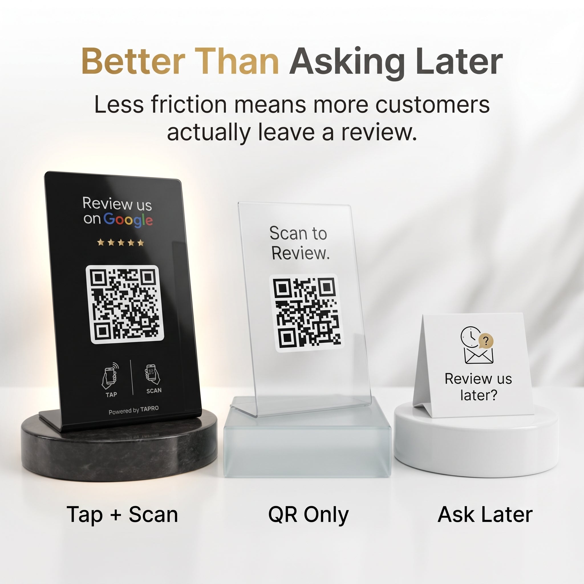 TAPro NFC and QR Google review stand compared with asking customers for reviews later