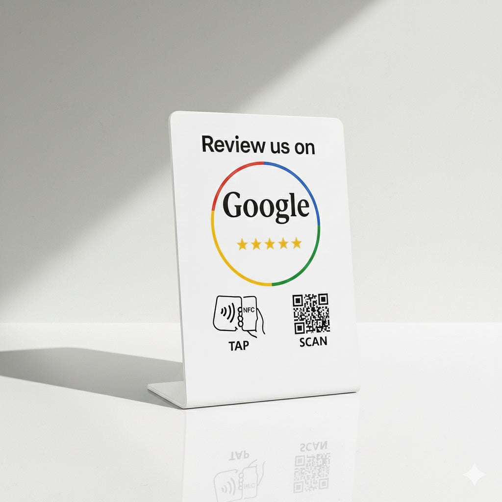 1 Google Review Stand – White, NFC & QR Code, NTAG215 Chip – Tap to Collect 5-Star Reviews, Boost Local SEO | TAPro - Image 1
