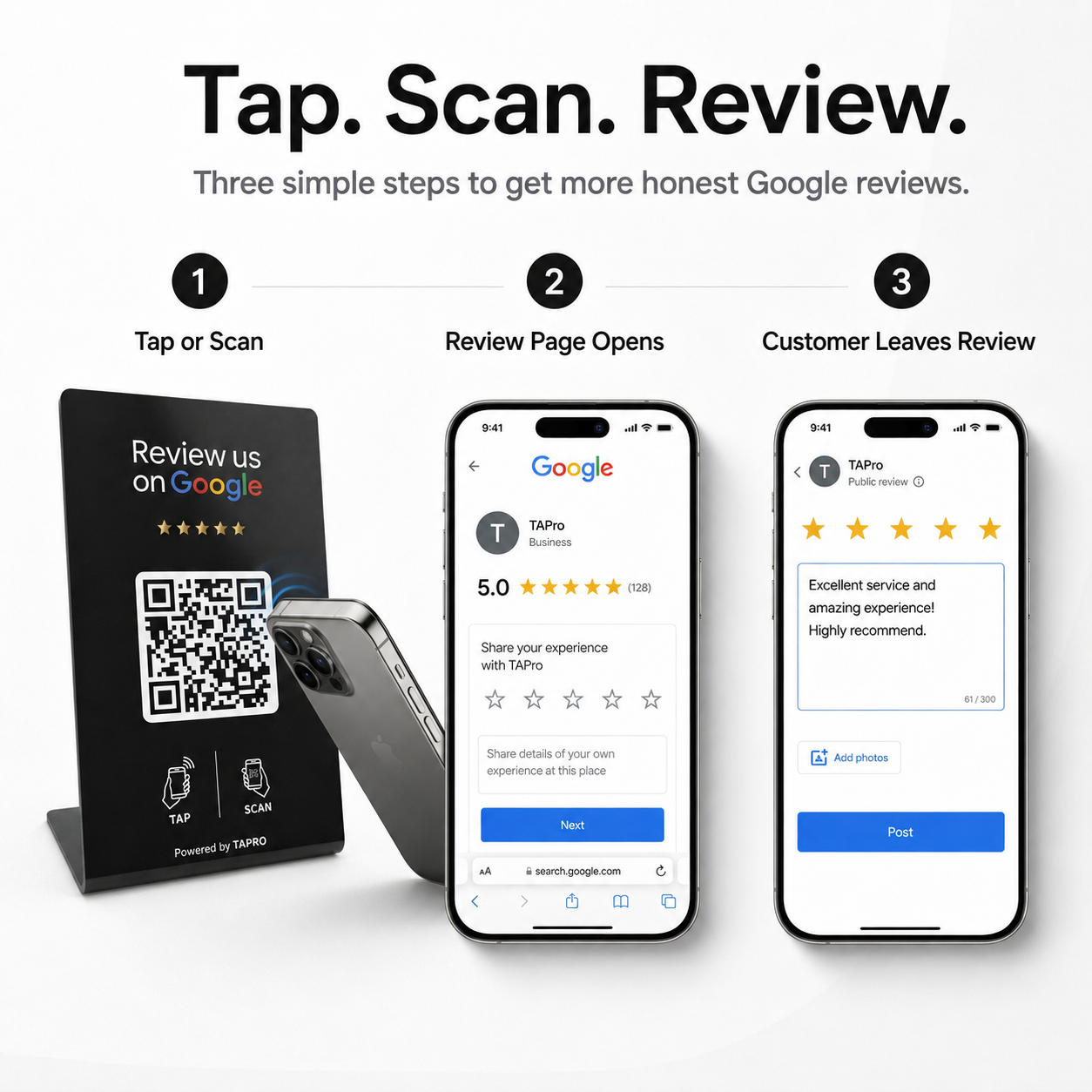 TAPro NFC Google review stand with fast activation setup using an iPhone and no app required