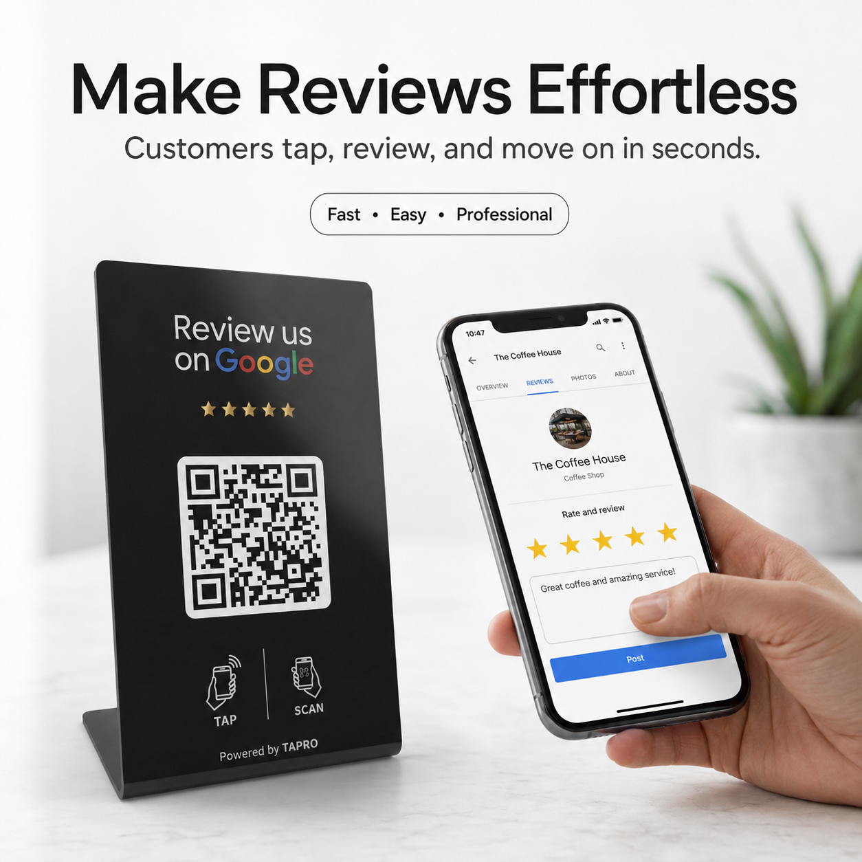 Customer tapping an iPhone on a TAPro NFC Google review stand to open the business Google review page