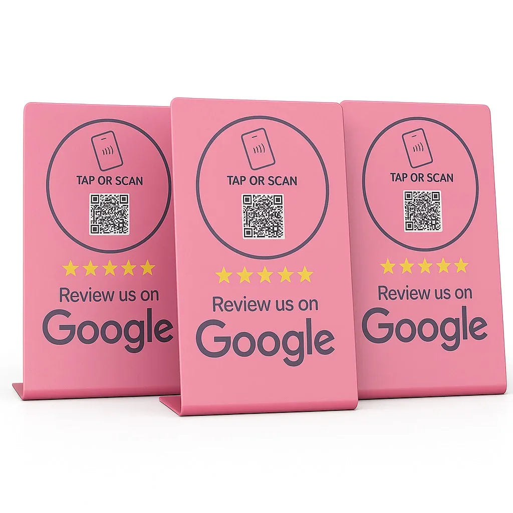 Pink NFC review stand with QR code, tap-to-scan icon, and 5-star Google prompt for customer feedback collection