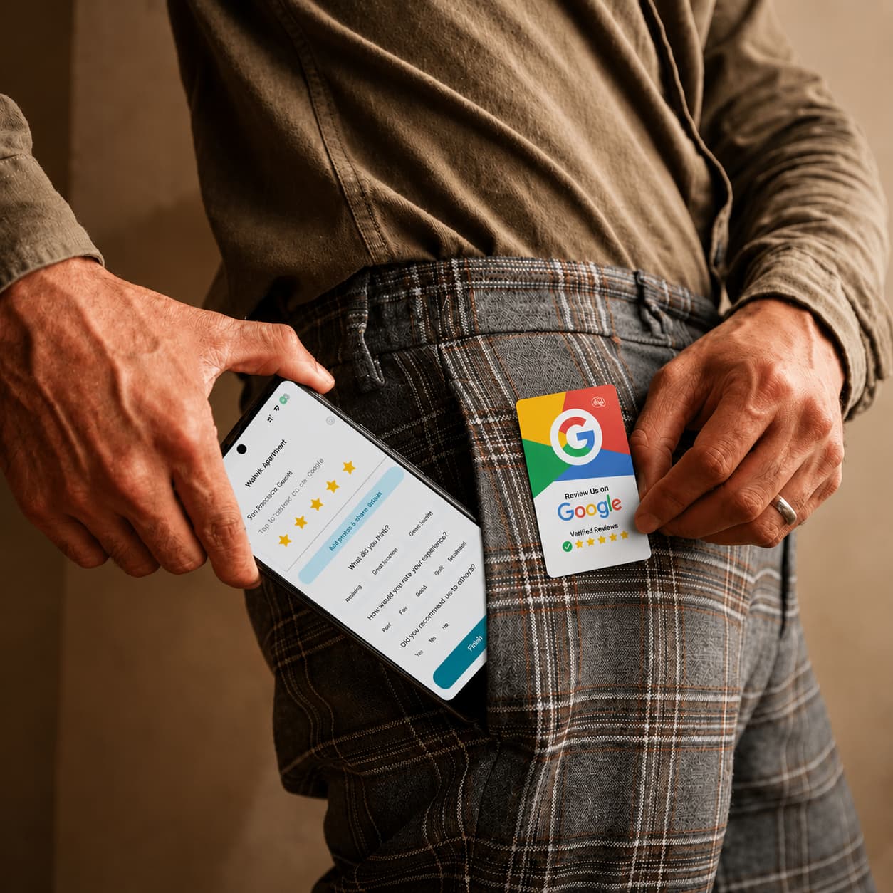 Man holding NFC review card & phone showing Google rating interface for instant customer feedback collection