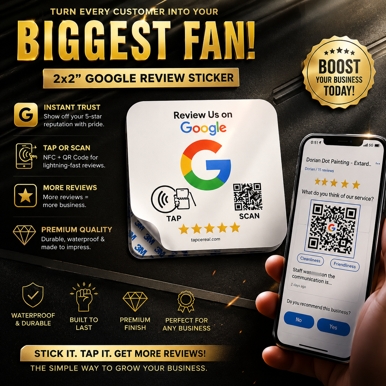 White 2x2" NFC + QR Google review sticker with tap/scan icons, shown beside phone displaying review prompt for local business feedback growth.