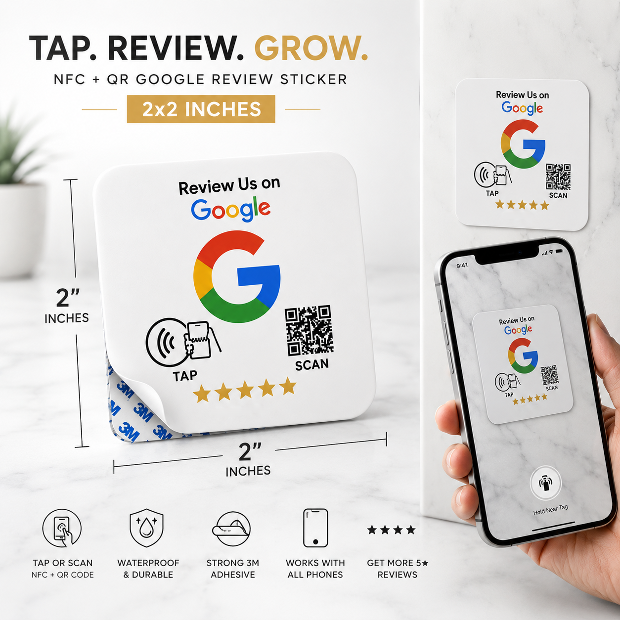 White 2x2 inch NFC + QR Google review sticker with tap/scan icons, used for customer feedback on marble surface