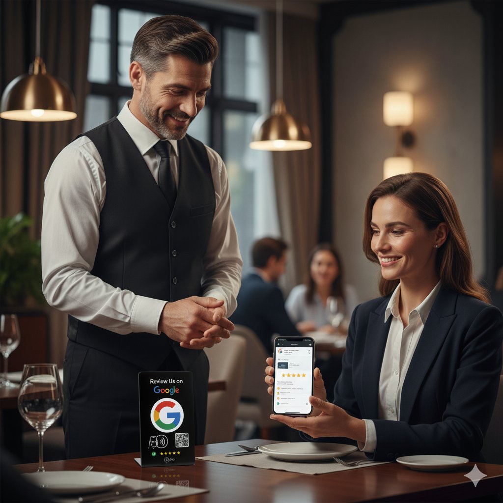 Black and white TAPro Google Review Stands with built-in NFC and QR for fast customer reviews.