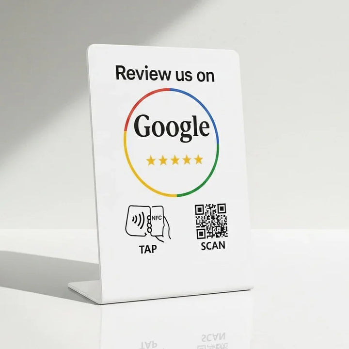 TAPro Elegant White NFC Google Review Tabletop Sign for Spa Hotel Restaurant