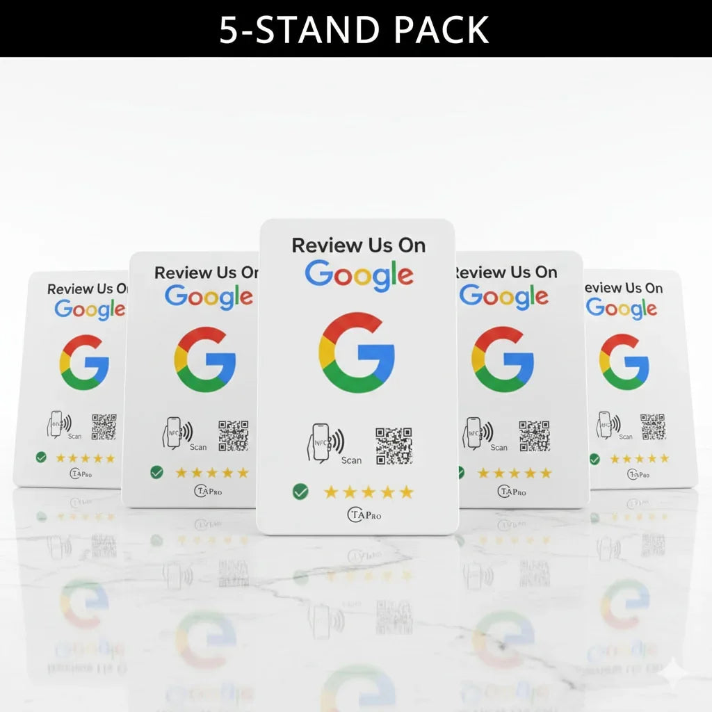 5-pack NFC Google review cards with QR code & tap-to-review tech for instant 5-star feedback
