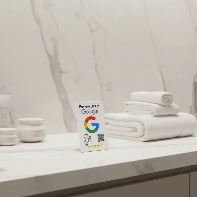 NFC Google Review Card on marble counter for instant 5-star feedback, QR code & tap-to-review tech