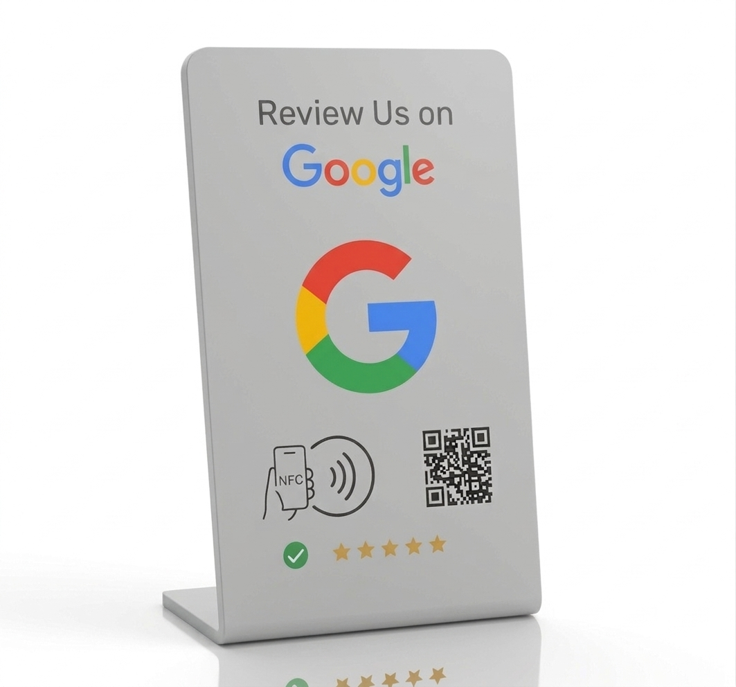 Gray Google Review NFC tabletop stand with QR code for customer reviews