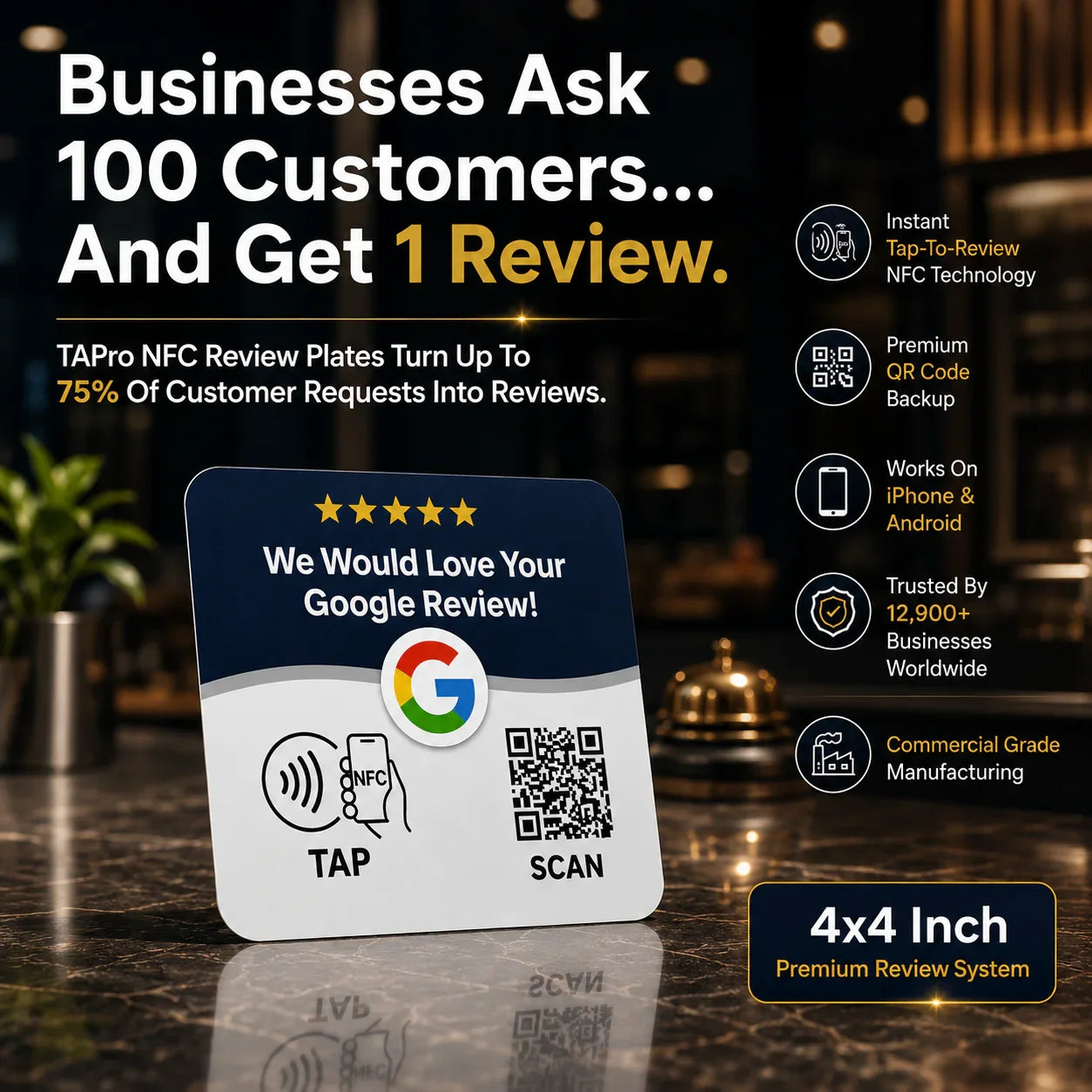 4x4 inch NFC review plate with Google logo, tap & scan icons, on marble counter for instant customer feedback and review growth