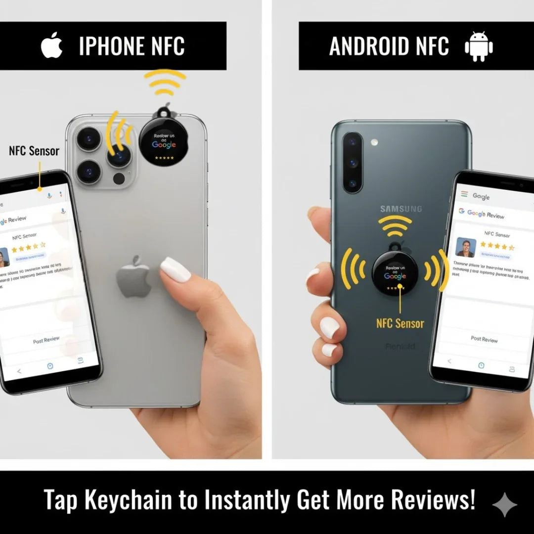 Hands holding iPhone and Samsung Android with NFC keychain for instant Google reviews